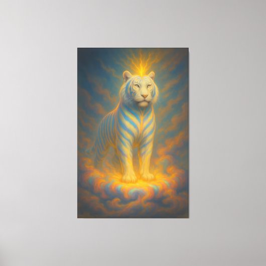 Celestial White Tiger – Golden Halo Divine Fantasy Canvas Afdruk (Voorkant)