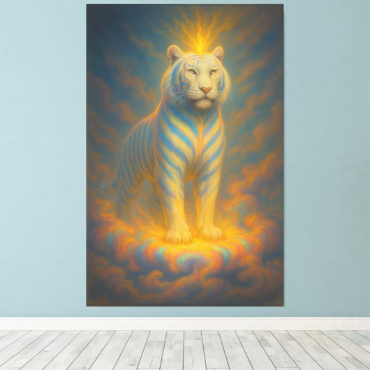 Celestial White Tiger – Golden Halo Divine Fantasy Canvas Afdruk (Insitu (Houten vloer))