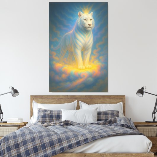 Celestial White Tiger King – Divine Light Guardian Canvas Afdruk (Insitu (Slaapkamer))