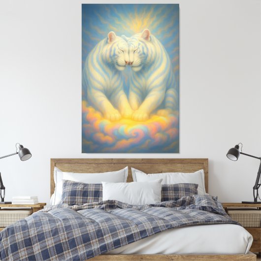 Celestial White Tiger Lovers – Divine Rainbow Clou Canvas Afdruk (Insitu (Slaapkamer))