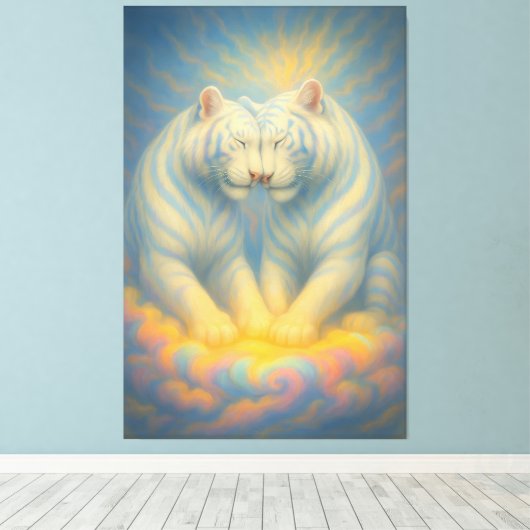 Celestial White Tiger Lovers – Divine Rainbow Clou Canvas Afdruk (Insitu (Houten vloer))