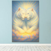 Celestial White Tiger Lovers – Divine Sky Aura Art Canvas Afdruk (Insitu (Houten vloer))