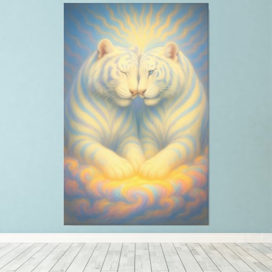 Celestial White Tiger Lovers – Divine Sky Aura Art Canvas Afdruk (Insitu (Houten vloer))