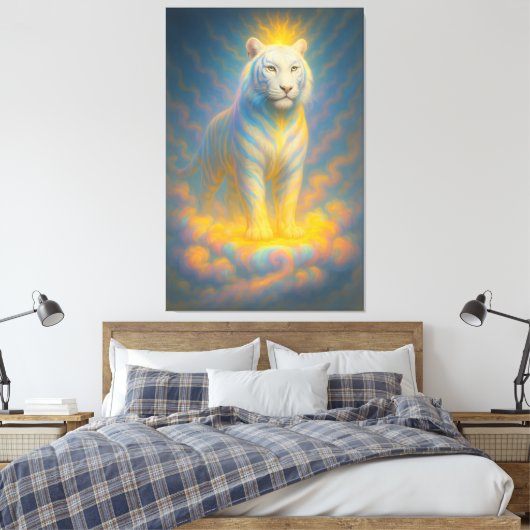 Celestial White Tiger – Radiant Sky Guardian Fanta Canvas Afdruk (Insitu (Slaapkamer))