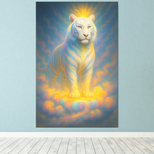 Celestial White Tiger – Radiant Sky Guardian Fanta Canvas Afdruk (Insitu (Houten vloer))