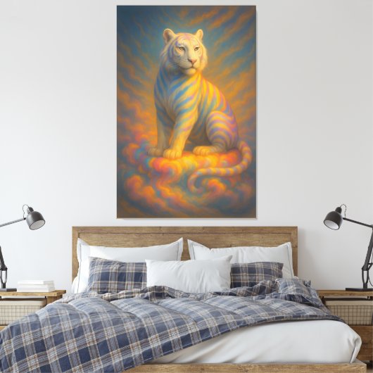 Celestial White Tiger – Rainbow Aura Guardian Fant Canvas Afdruk (Insitu (Slaapkamer))