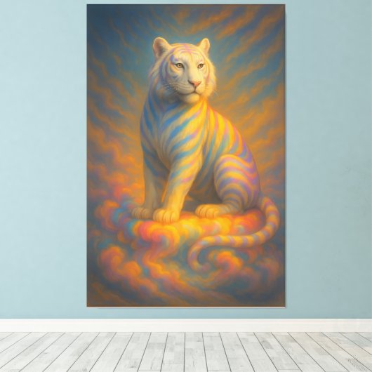 Celestial White Tiger – Rainbow Aura Guardian Fant Canvas Afdruk (Insitu (Houten vloer))