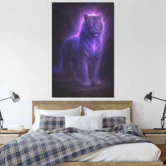Celestial White Tiger – Stormlit Azure Majesty Canvas Afdruk (Insitu (Slaapkamer))