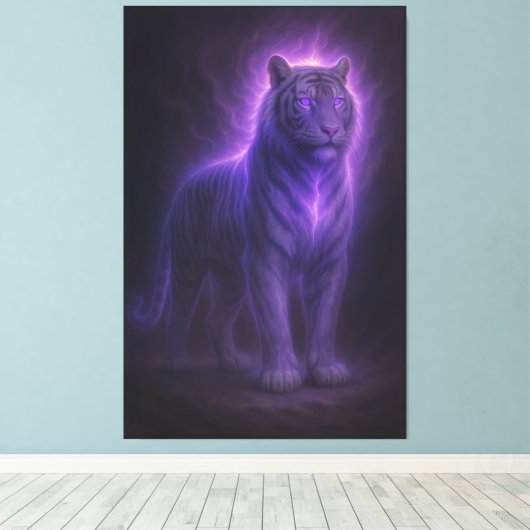 Celestial White Tiger – Stormlit Azure Majesty Canvas Afdruk (Insitu (Houten vloer))