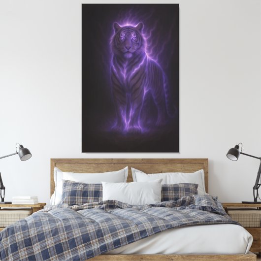 Celestial White Tiger – Thunderborn Azure Glow Canvas Afdruk (Insitu (Slaapkamer))