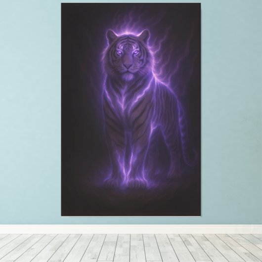 Celestial White Tiger – Thunderborn Azure Glow Canvas Afdruk (Insitu (Houten vloer))