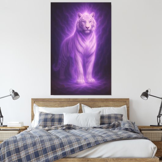 Celestial White Tiger – Violet Spirit Ascension Canvas Afdruk (Insitu (Slaapkamer))