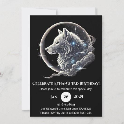 Celestial White Wolf Moon Birthday Invitation Kaart (Voorkant)