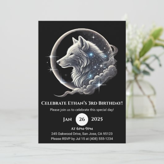 Celestial White Wolf Moon Birthday Invitation Kaart (Staand voorkant)