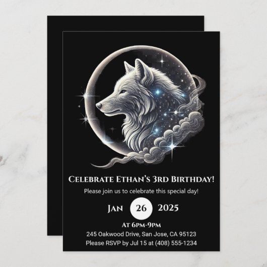 Celestial White Wolf Moon Birthday Invitation Kaart (Voorkant / Achterkant)