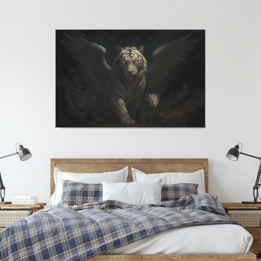 Celestial Winged White Tiger & Cub | ManJiangHong Canvas Afdruk (Insitu (Slaapkamer))