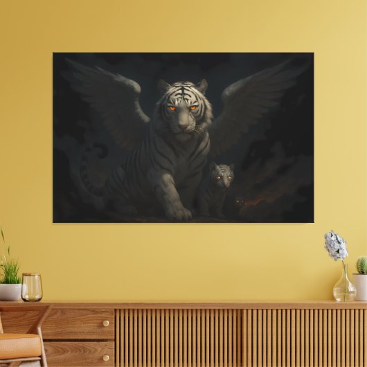 Celestial Winged White Tiger & Cub | ManJiangHong Canvas Afdruk (Insitu (Woonkamer))