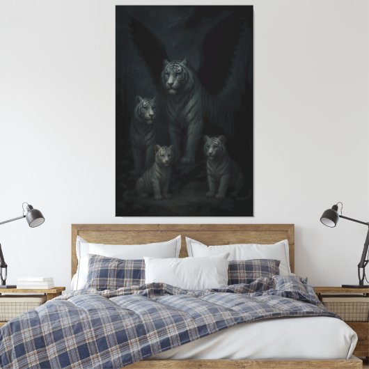 Celestial Winged White Tiger Family – Moonlit Guar Canvas Afdruk (Insitu (Slaapkamer))