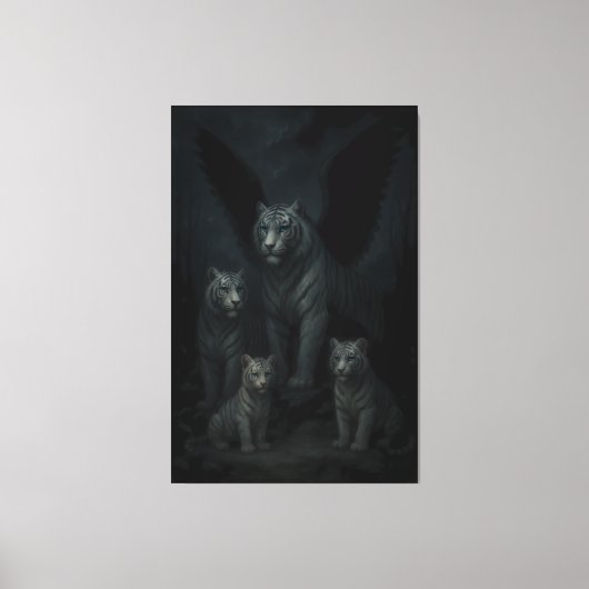 Celestial Winged White Tiger Family – Moonlit Guar Canvas Afdruk (Voorkant)