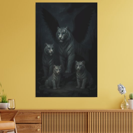 Celestial Winged White Tiger Family – Moonlit Guar Canvas Afdruk (Insitu (Woonkamer))