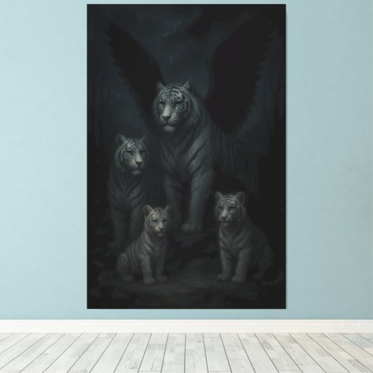Celestial Winged White Tiger Family – Moonlit Guar Canvas Afdruk (Insitu (Houten vloer))