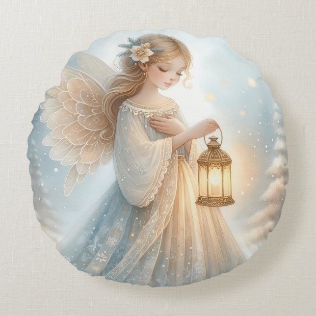 Celestial Winter Angel Lantern of Comfort Rond Kussen (Voorkant)