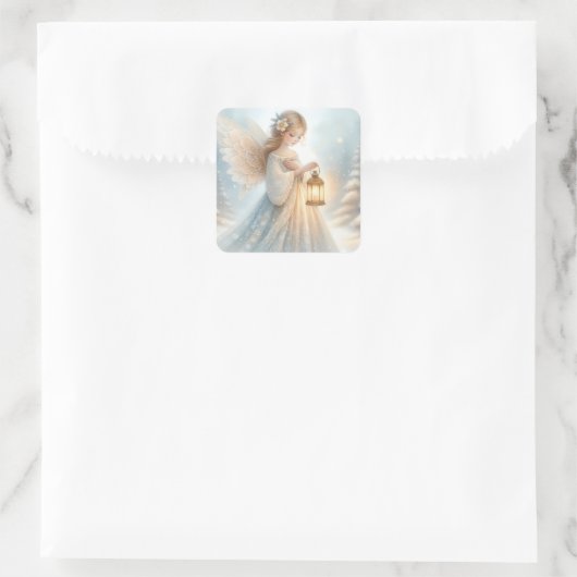 Celestial Winter Angel Lantern of Comfort Vierkante Sticker (Tas)
