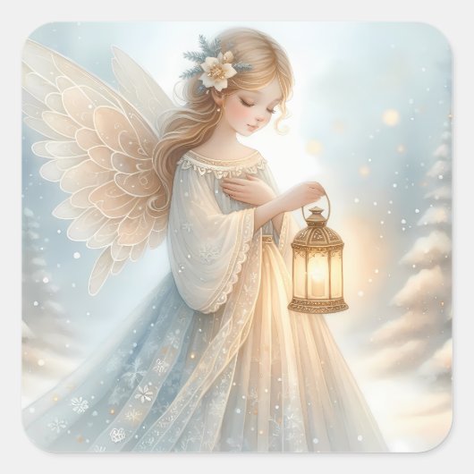 Celestial Winter Angel Lantern of Comfort Vierkante Sticker (Voorkant)