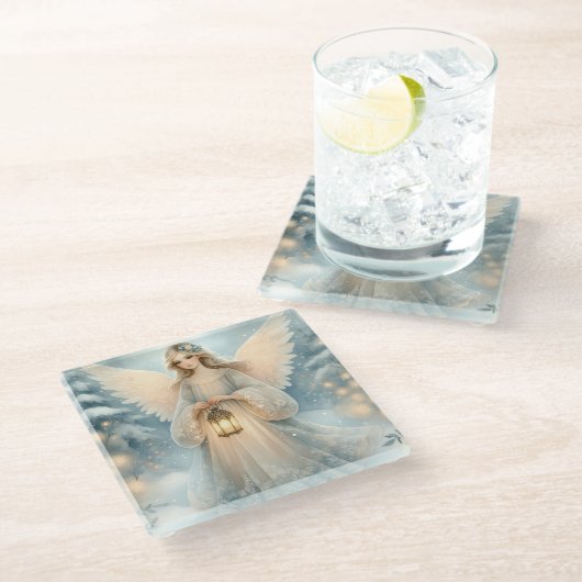 Celestial Winter Angel Lantern of Grace Glazen Onderzetter (Schuin)