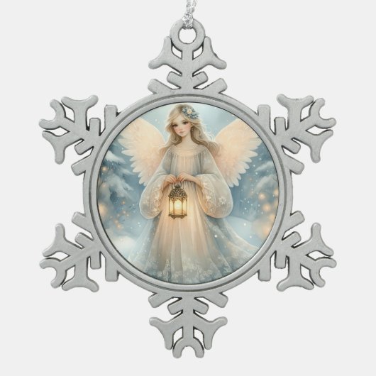 Celestial Winter Angel Lantern of Grace Tin Sneeuwvlok Ornament (Voorkant)