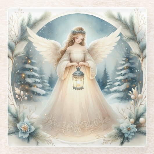 Celestial Winter Angel Lantern of Hope Glazen Onderzetter (Voorkant)