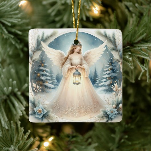 Celestial Winter Angel Lantern of Hope Keramisch Ornament (Boom)
