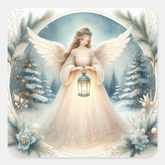 Celestial Winter Angel Lantern of Hope Vierkante Sticker (Voorkant)