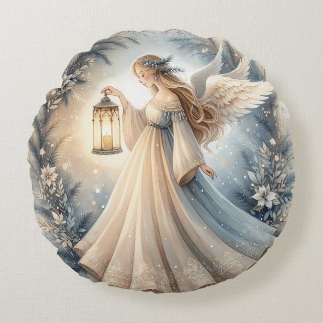 Celestial Winter Angel Lantern of Peace Rond Kussen (Voorkant)