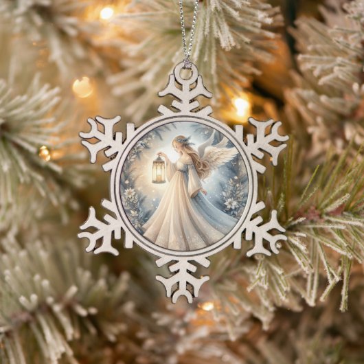 Celestial Winter Angel Lantern of Peace Tin Sneeuwvlok Ornament (Boom)