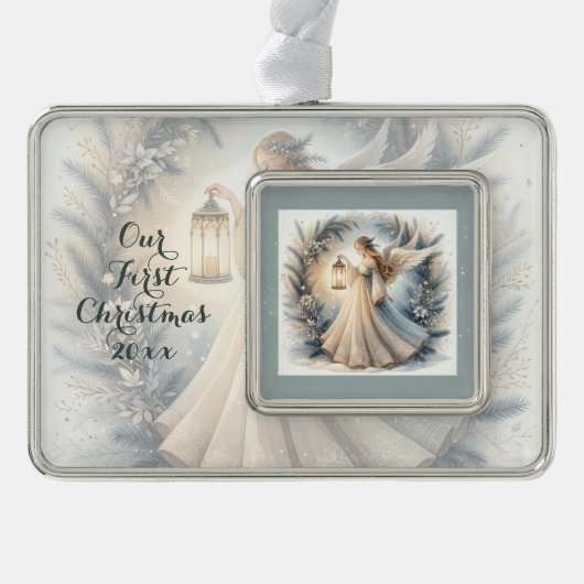 Celestial Winter Angel Lantern of Peace Verzilverd Omlijst Ornament (Voorkant)
