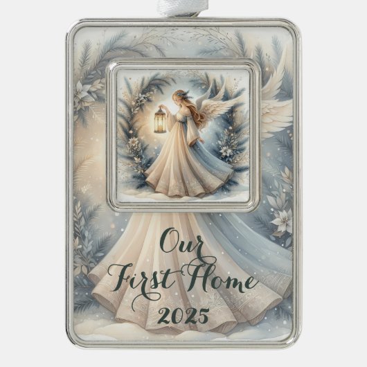 Celestial Winter Angel Lantern of Peace Verzilverd Omlijst Ornament (Voorkant)