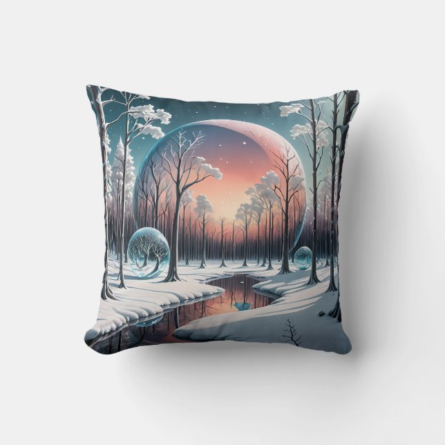 Celestial Winter Dream: Surreal Snowy Forest Kussen (Voorkant)