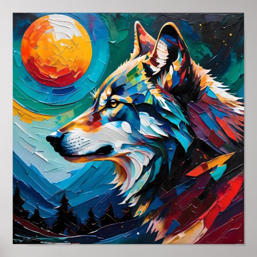 Celestial Wolf Under Painted Moon – Abstract  Poster (Voorkant)