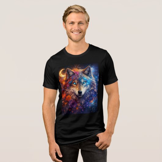 Celestial Wolf with Flowers and Crescent Moon Tri-Blend Shirt (Voorkant volledig)