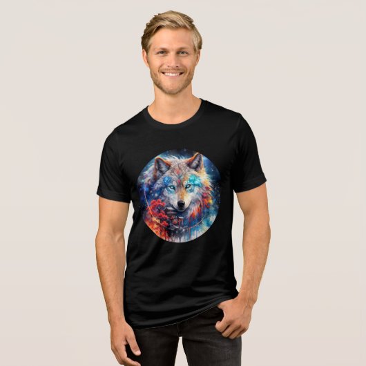 Celestial Wolf with Temple and Galaxy Sky Tri-Blend Shirt (Voorkant volledig)