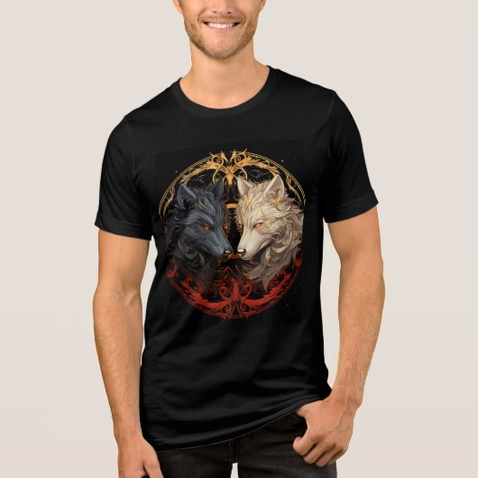 Celestial Wolves – Gold & Fire Spirit Design Tri-Blend Shirt (Voorkant)