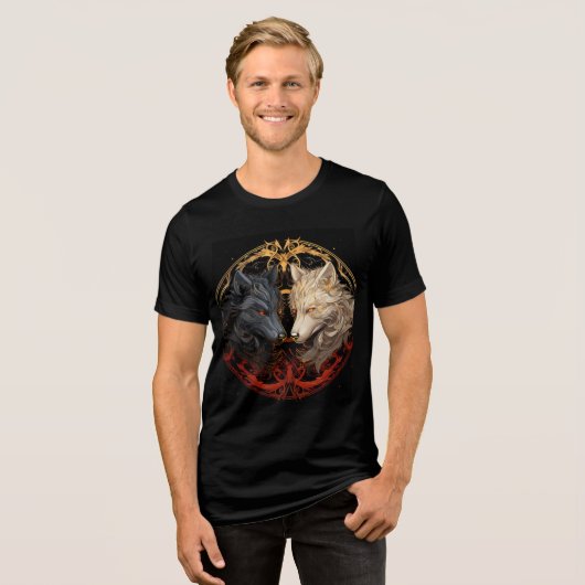 Celestial Wolves – Gold & Fire Spirit Design Tri-Blend Shirt (Voorkant volledig)