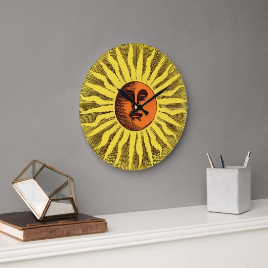 Celestial Yellow glimlachend Happy Hippie Sun Grote Klok (Kantoor)