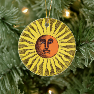  Celestial Yellow glimlachend Happy Hippie Sun Keramisch Ornament