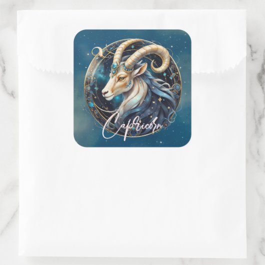 Celestial Zee Goat Star Sign Zwart Goud Steenbok Vierkante Sticker (Tas)