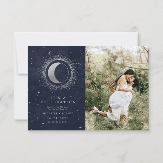 Celestial zilver twee foto bruiloft viering kaart (Voorkant)