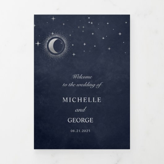 Celestial Zilveren Maan Gevouwen Bruiloft Programm Drieluik Uitnodiging (Cover)