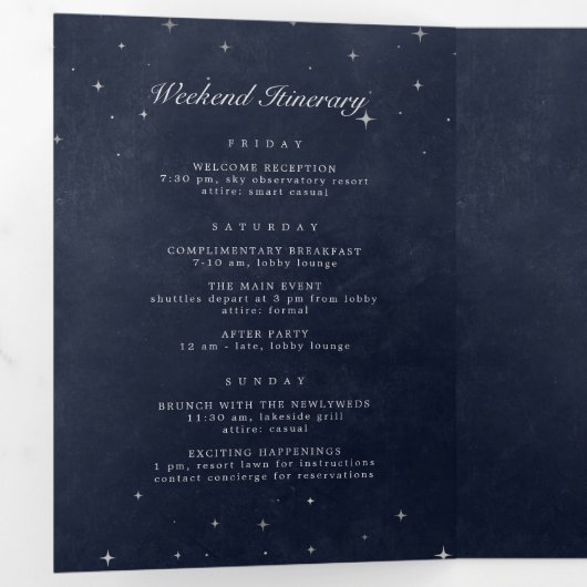 Celestial Zilveren Maan Gevouwen Bruiloft Programm Drieluik Uitnodiging (Binnenzijde eerst)