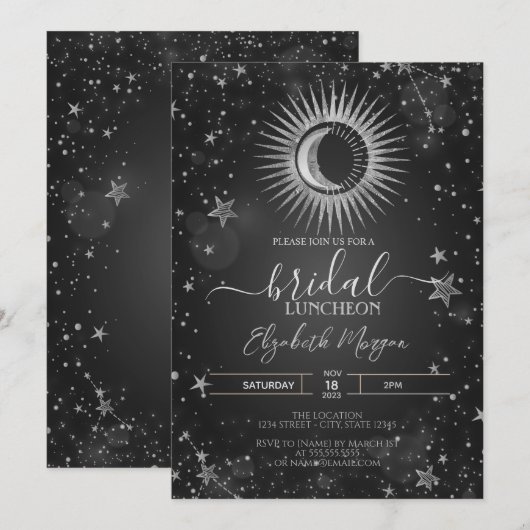 Celestial Zilveren Zon, Maan, Sterren Bruidslunch Kaart (Voorkant / Achterkant)